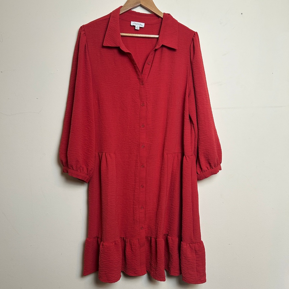 Tahari Red Shirt Dress 16 Tiered Button Front